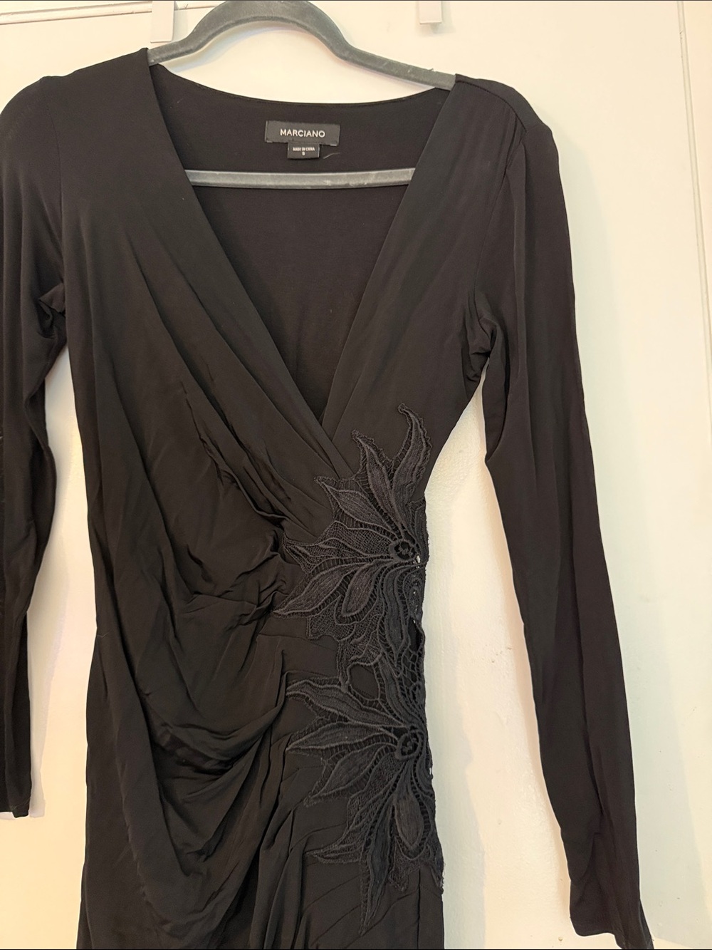 Marciano Black Long-Sleeve Wrap Dress with Floral Appliqué